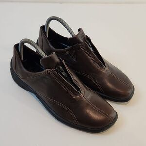 Ecco Leather Loafers Flats Comfort Shoes Brown Split Toe Zip Womens Sz 6 1/2 EUC